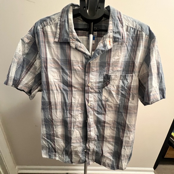 Columbia Shirt Mens XL Blue Orange White Plaid Omni-Wick  Short Sleeve Button Up - Picture 1 of 16